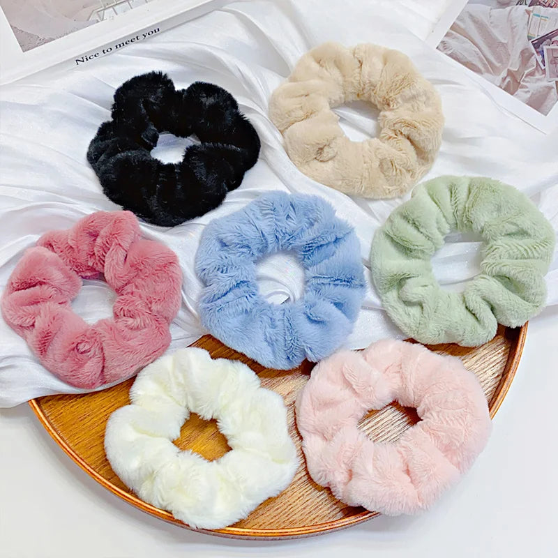 Solid Soft Plush Wide Hair Band Ponytail Holder Hair Tie Fluffy Rubber Band
