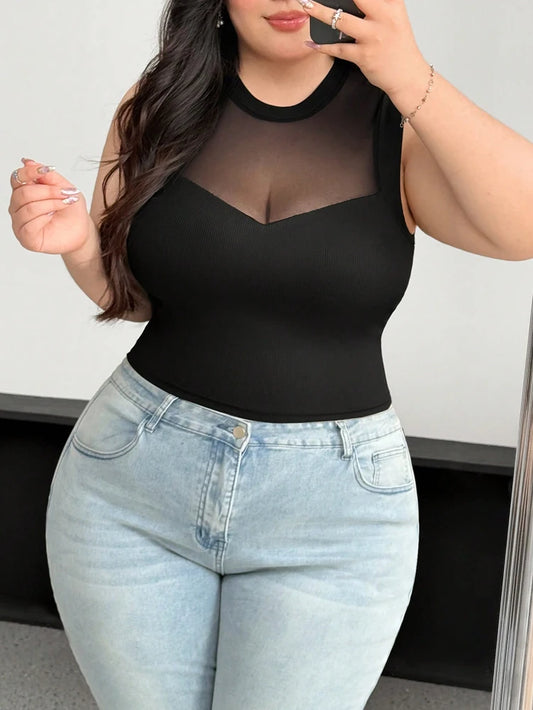 Plus Size Sleeveless Round Neck Mesh See Through Sexy Blouse
