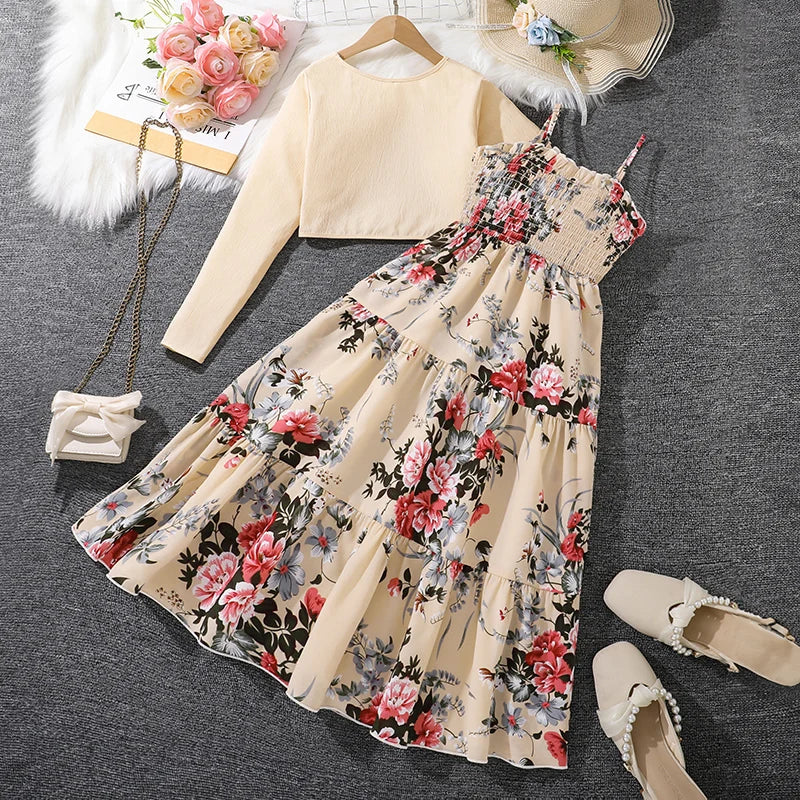 Kid Girl Long Sleeve Bow Sling Dress Set