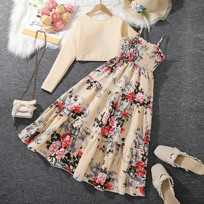 Kid Girl Long Sleeve Bow Sling Dress Set