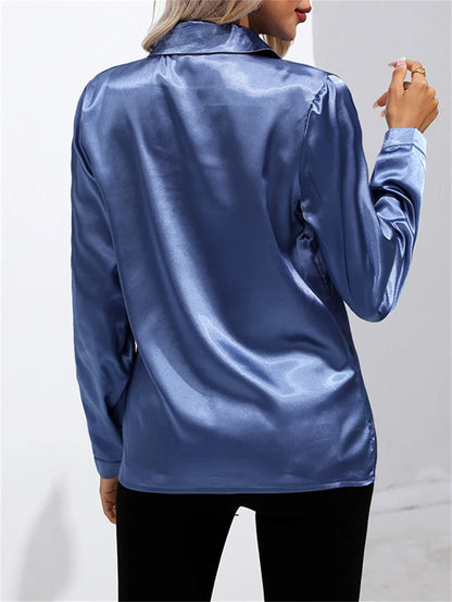 Elegant Turn-Down Collar Satin Long Sleeve Blouse