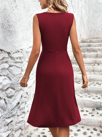 Elegant V Neck Wrap Waist Midi Sleeveless Dress