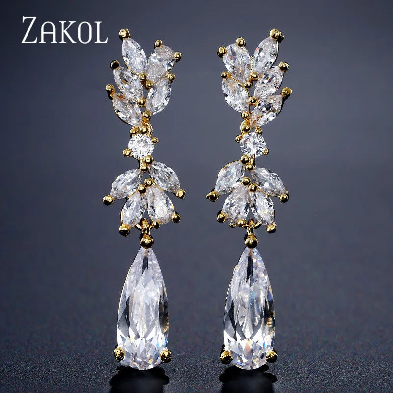 White Zircon Leaf Dangle Shinny Water Drop Crystal Earring