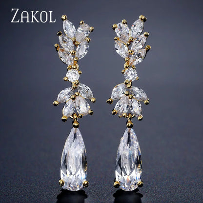 White Zircon Leaf Dangle Shinny Water Drop Crystal Earring