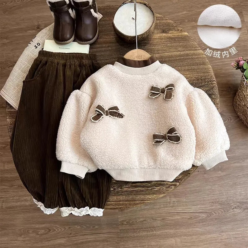 Autumn Winter Thick Warm Bow Lambswool Sweatshirt+Corduroy Pants Set