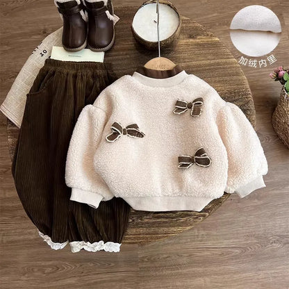Autumn Winter Thick Warm Bow Lambswool Sweatshirt+Corduroy Pants Set