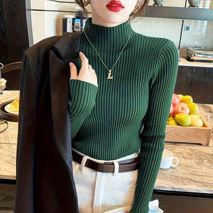 Knitted Long Sleeve Mock Neck White Knit Tops Sweaters