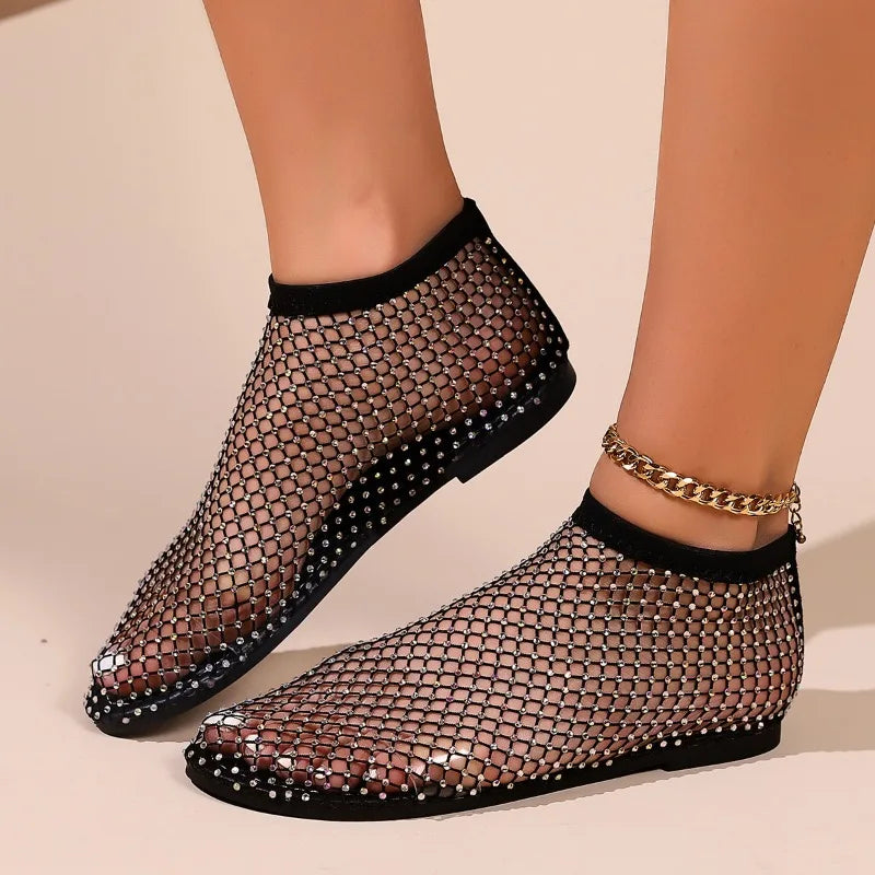 Mesh Luxurious Rhinestone Round Toe Sandal