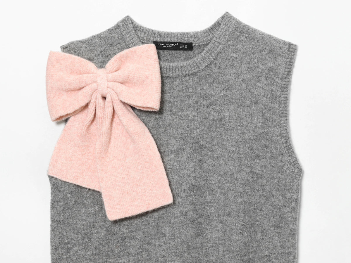 Sweet big bow Korean O-neck warm knitted pullover chic sweater vest