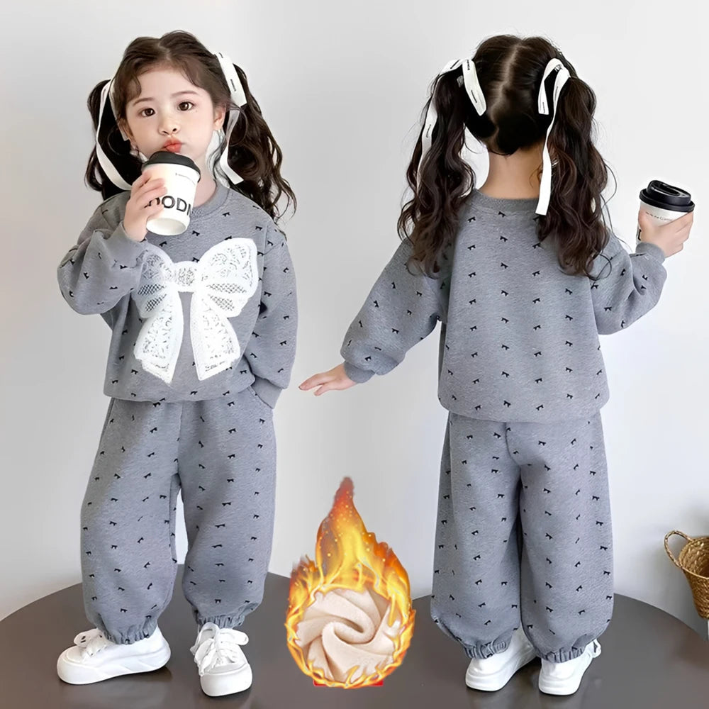 Fleece Autumn Winter Bow Print Sweatshirt+Pants Velvet Warm Set