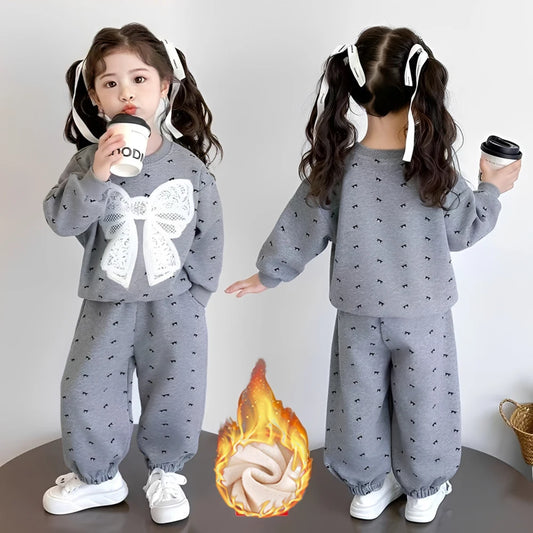 Fleece Autumn Winter Bow Print Sweatshirt+Pants Velvet Warm Set