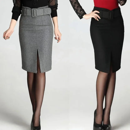 High waist casual mid-length wool pencil skirt