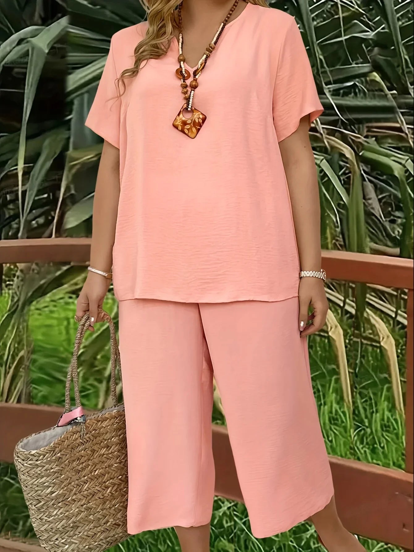 Plus size casual elegant short-sleeved top and wide-leg pants