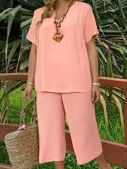Plus size casual elegant short-sleeved top and wide-leg pants