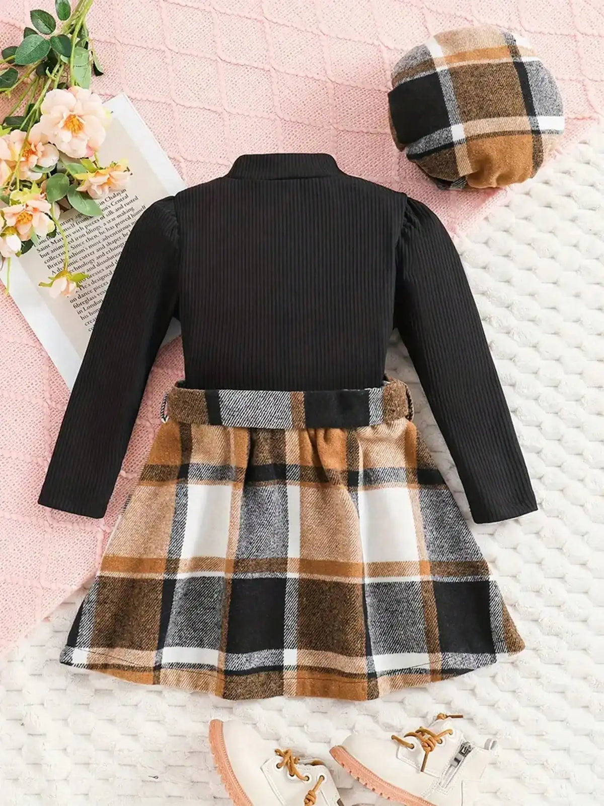 Imitation Long Sleeved Top Plaid Skirt Spring and Autumn Set