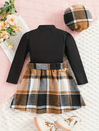 Imitation Long Sleeved Top Plaid Skirt Spring and Autumn Set