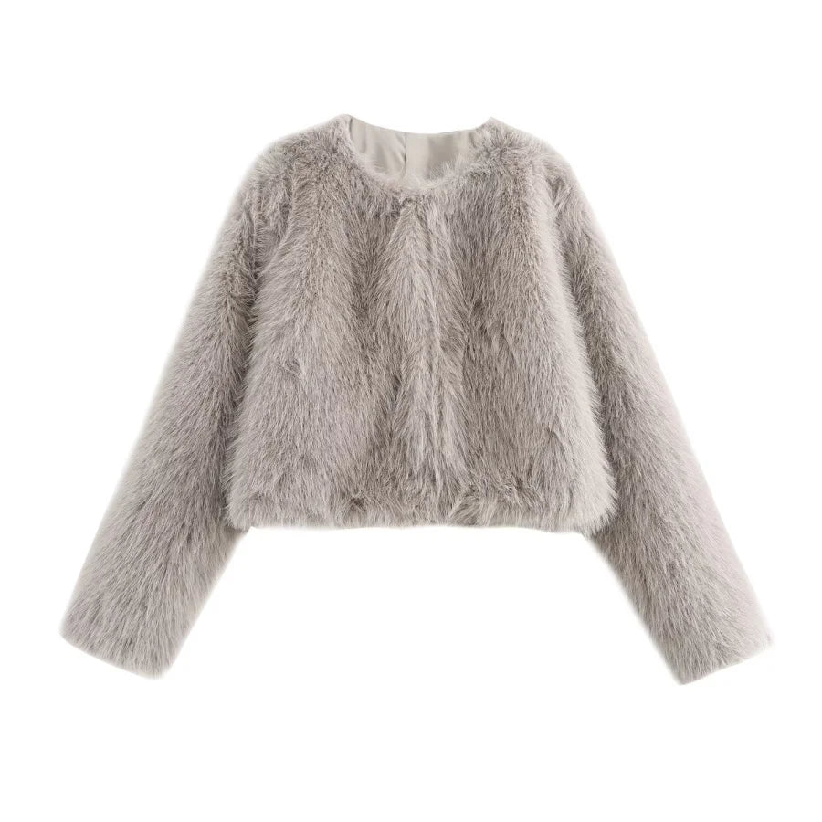 Faux fur Fall/Winter Effect Round Neck Long Sleeve Short Jacket