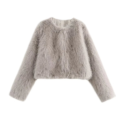Faux fur Fall/Winter Effect Round Neck Long Sleeve Short Jacket