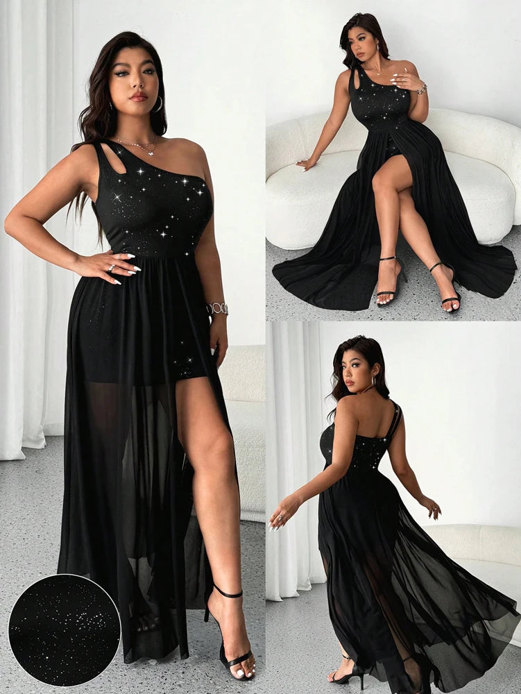 Plus Size Sexy One-Shoulder Sleeve Mesh Dress