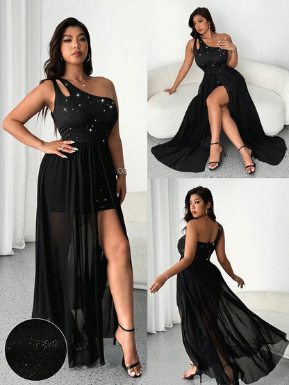 Plus Size Sexy One-Shoulder Sleeve Mesh Dress