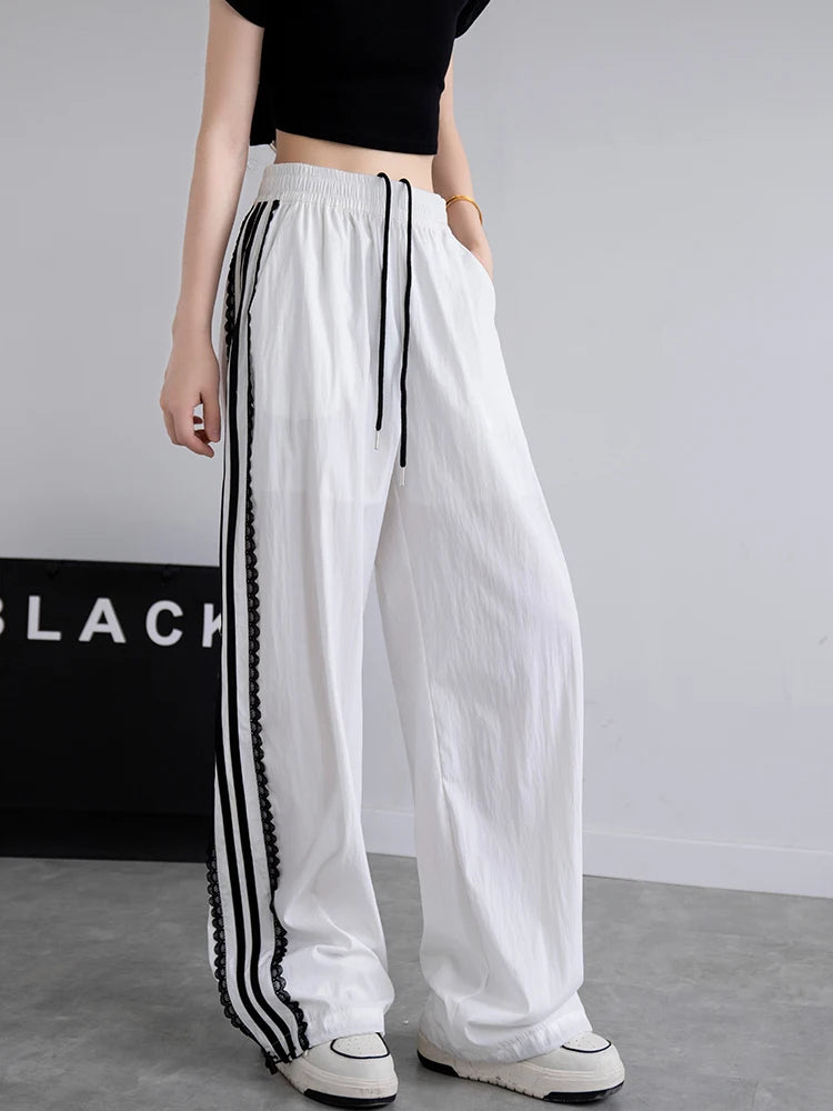 Korean Lace Patchwork Side Stripe Webbing Wide-Leg Pants