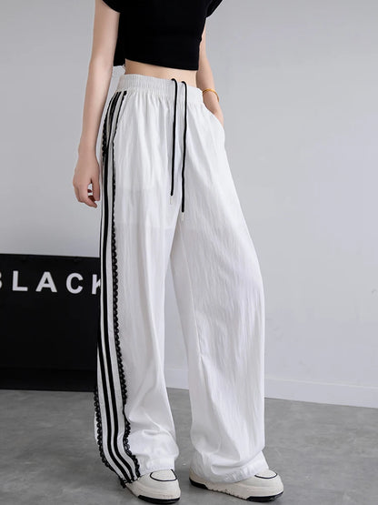 Korean Lace Patchwork Side Stripe Webbing Wide-Leg Pants