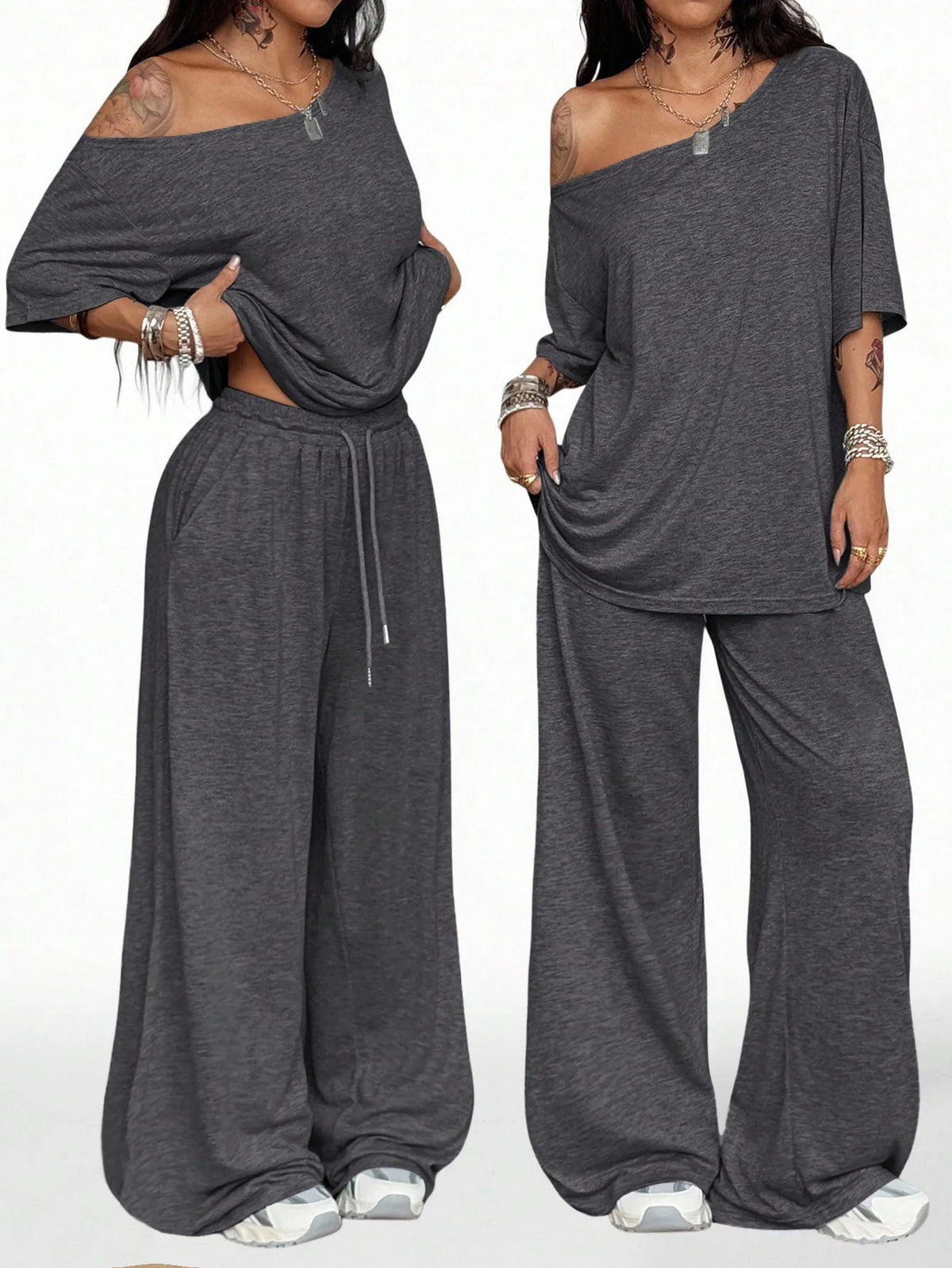 Casual Sports Loose Fit with Slanted Hem and Wide Leg Pants Set