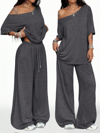 Casual Sports Loose Fit with Slanted Hem and Wide Leg Pants Set