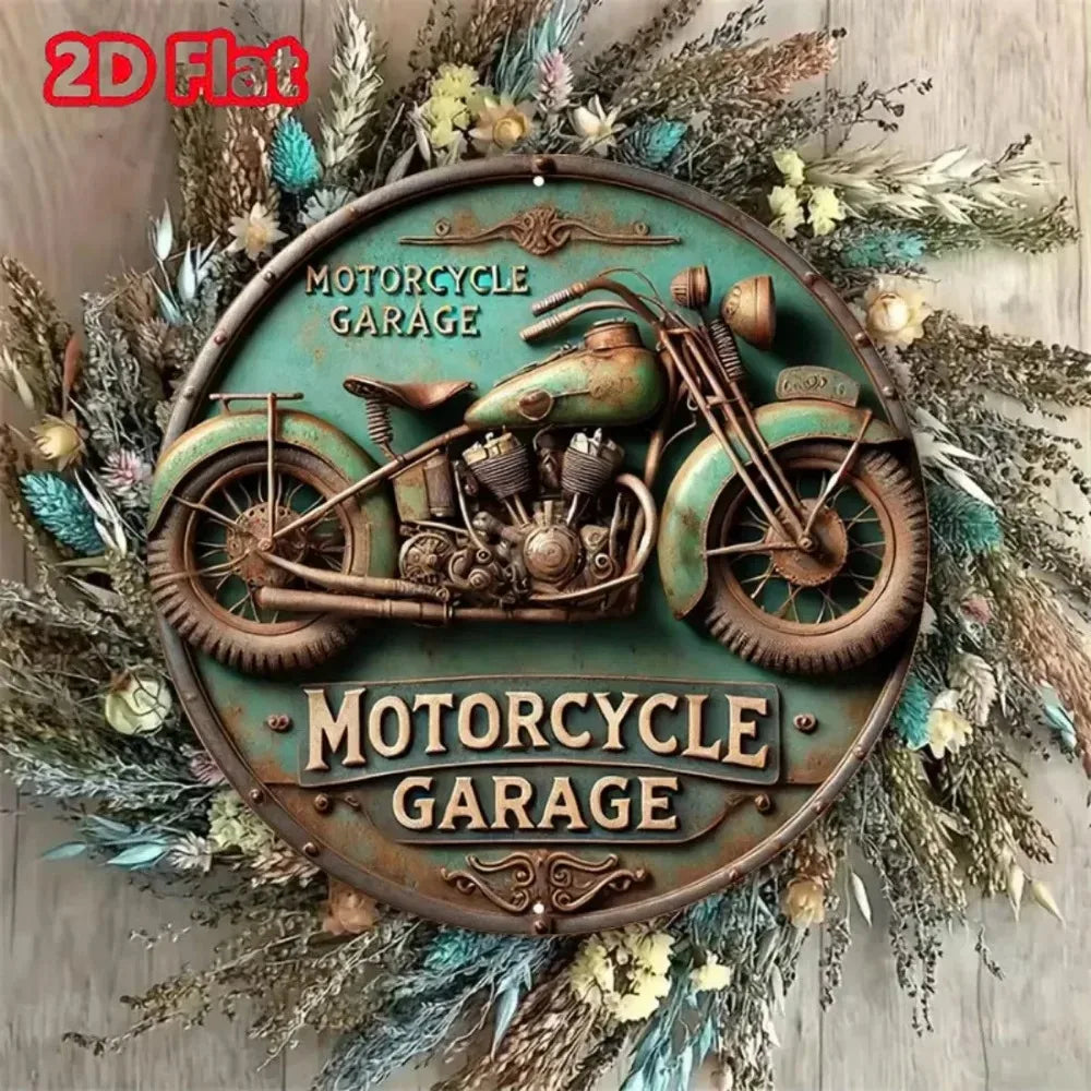 2D Vintage Round Aluminum Motorcycle Rustic Metal