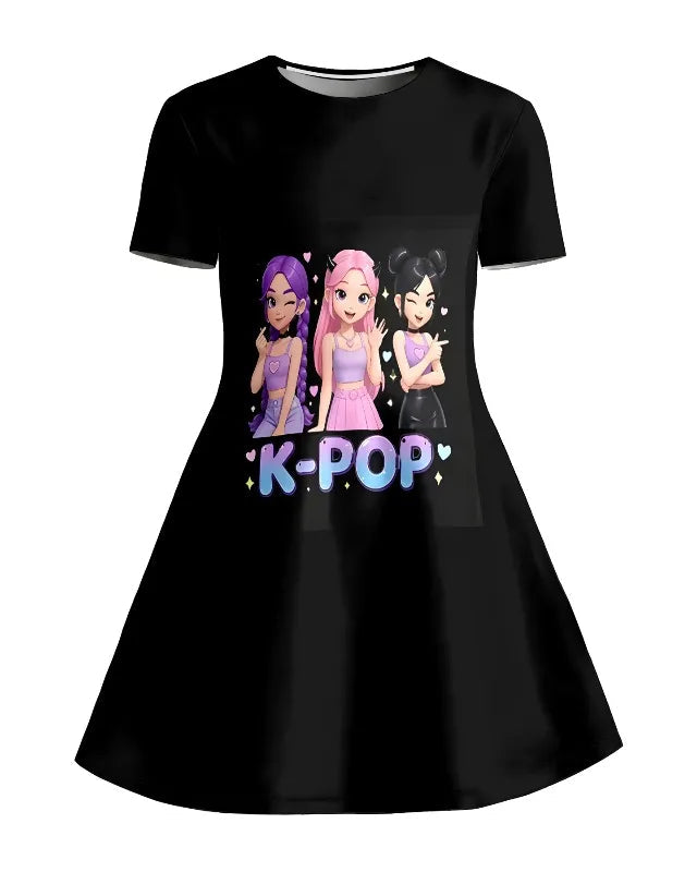 Watercolor Rabbit Leopard Heart Kpop Short Sleeve Swing Dress