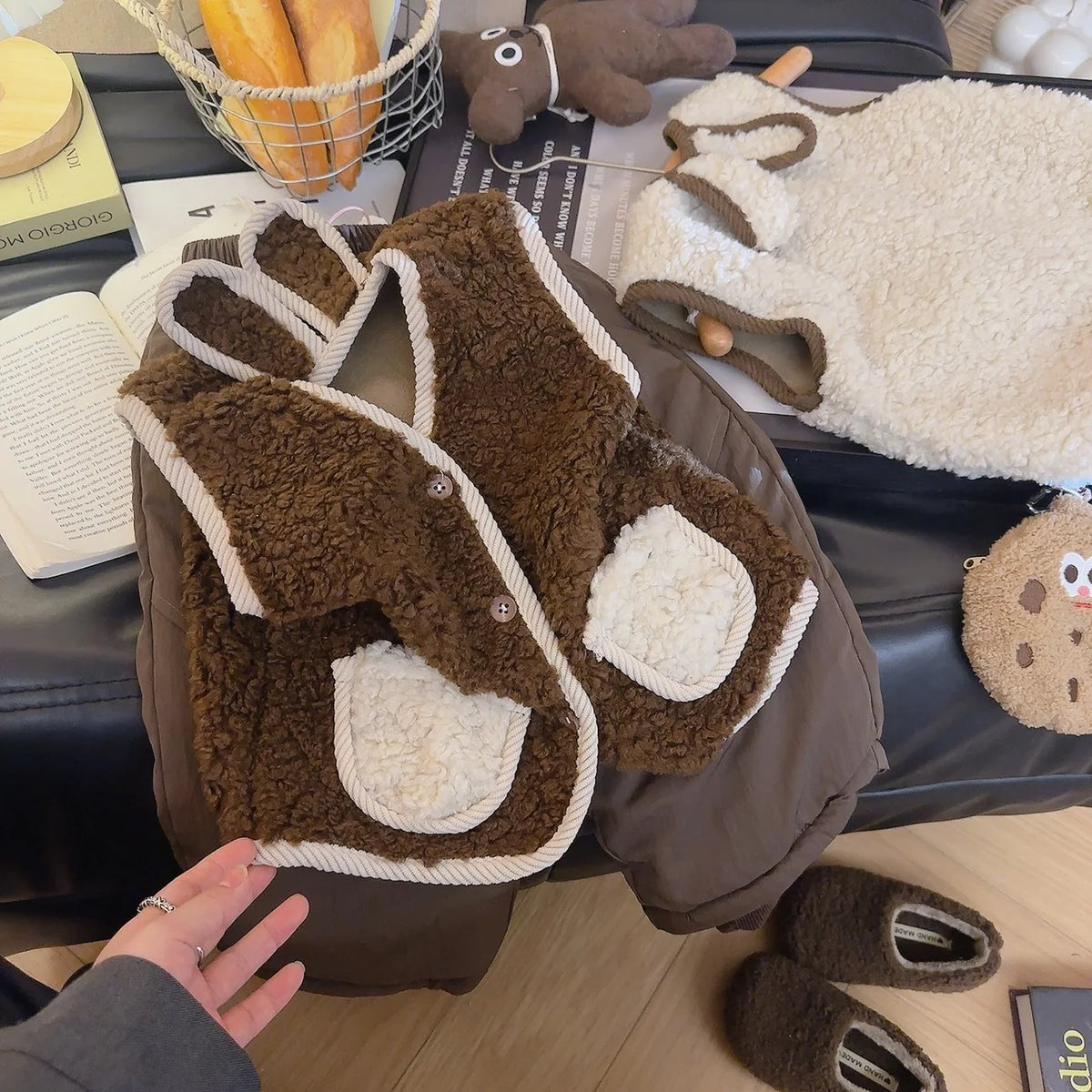 Autumn Winter Baby Lamb Wool Warm Waistcoat Girls Bunny Ears Plush Vest