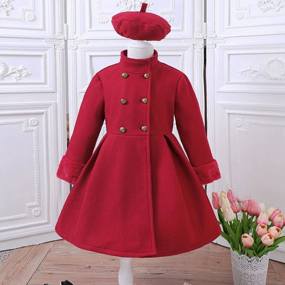 Red Fleece Coat Beret Winter Long Sleeves Warm Princess Outfit Dress