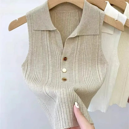 Slim Versatile Camisole Polo Lapel Vest Ice Silk Knit Sleeveless
