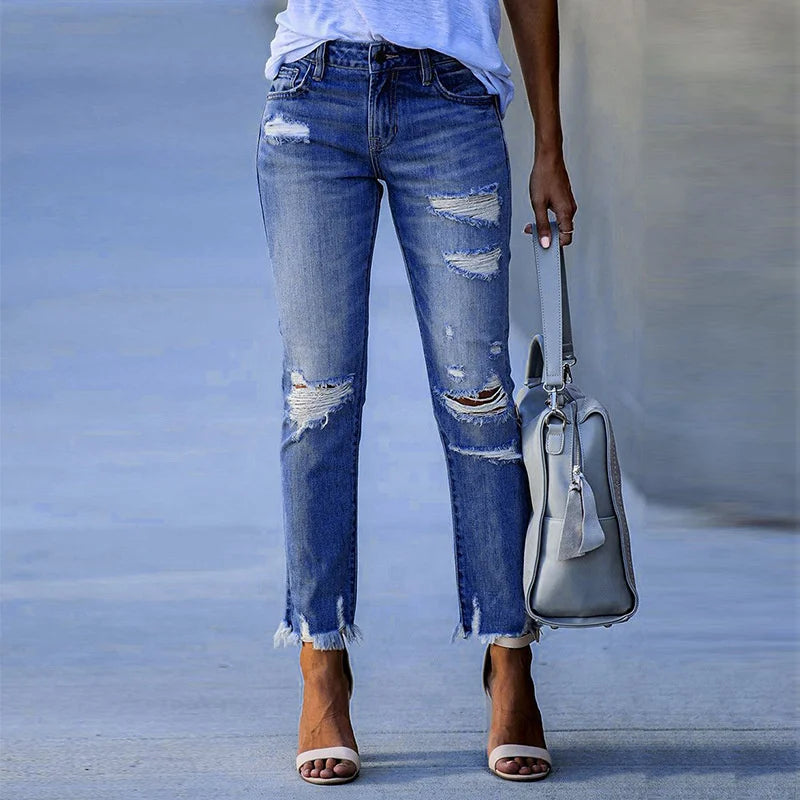 Broken Holes Tassel Straight Mid-waist Button Splicing Jeans