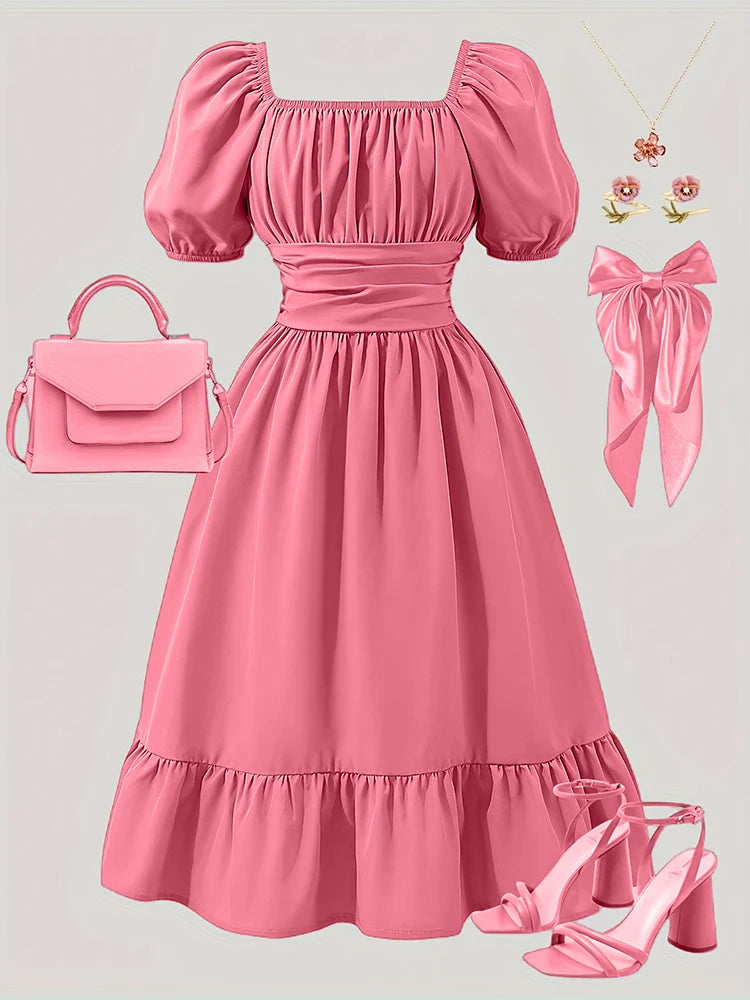 Spring And Summer Cute Elegant Off-Shoulder Lantern Sleeve Bow Solid Color Puff Dress
