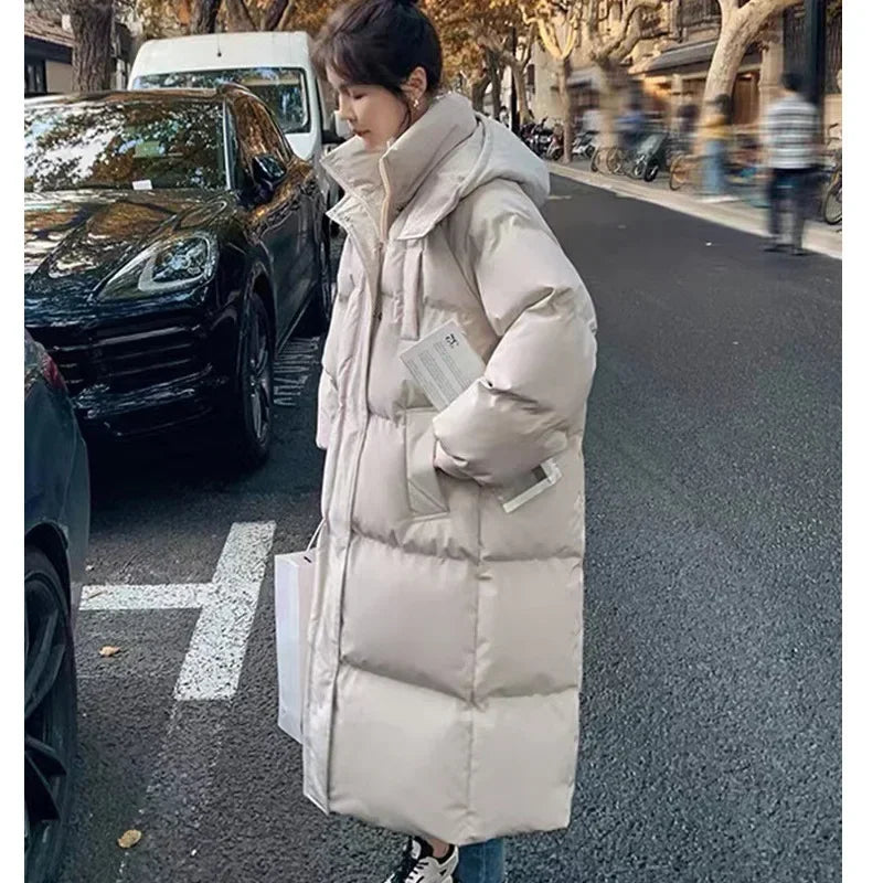 Long Thickened Down Cotton Bread Style Winter Korean Loose Long Knee Length Hooded Jacket