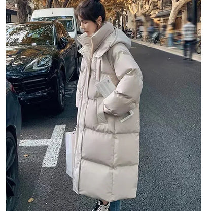 Long Thickened Down Cotton Bread Style Winter Korean Loose Long Knee Length Hooded Jacket