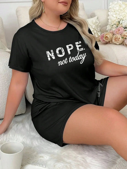 Letters Print Short Sleeve Tee And Elastic Shorts Plus Size Fit Pajama Set