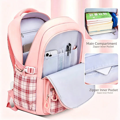 School Students Girls Checkered Backpack Large Capacity Bags