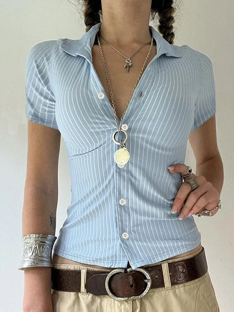 Sweetown Blue Stripe Short Sleeve Shirts