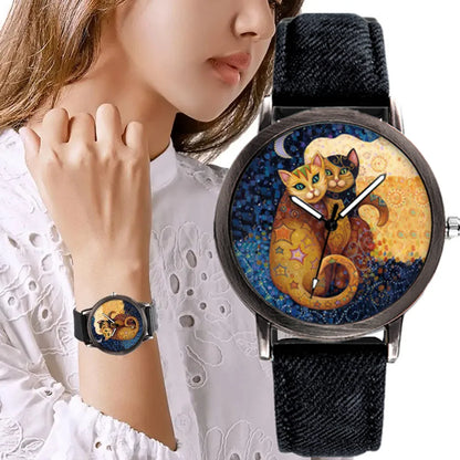 Lovely Cat Quartz Denim Strap Casual Watch