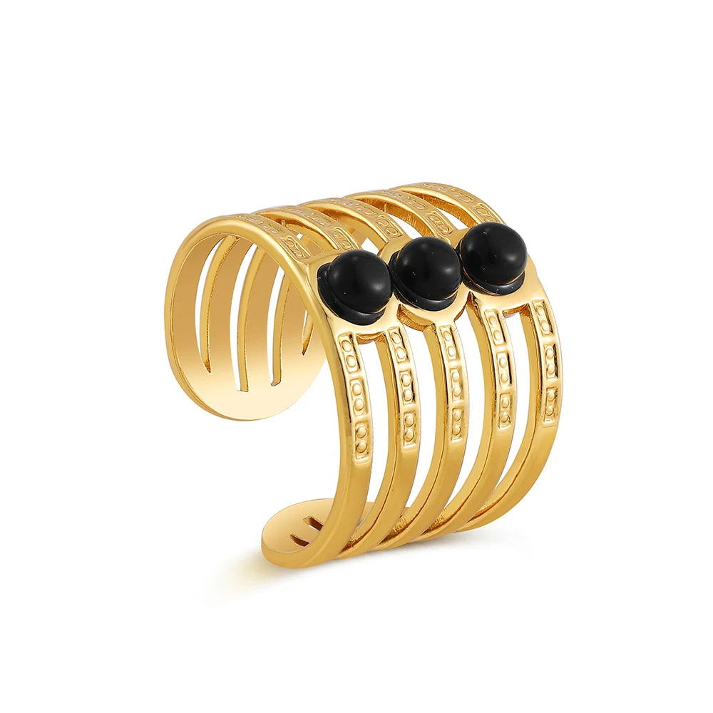 Creative Gold Plated Stainless Steel Simple Geometric Round Natural Stone Ring