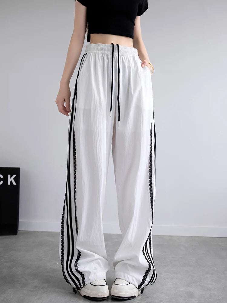 Korean Lace Patchwork Side Stripe Webbing Wide-Leg Pants
