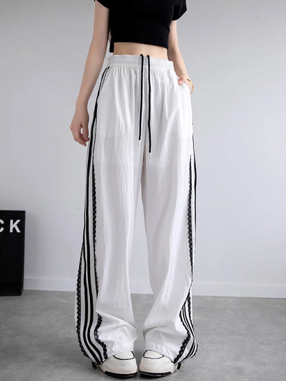 Korean Lace Patchwork Side Stripe Webbing Wide-Leg Pants