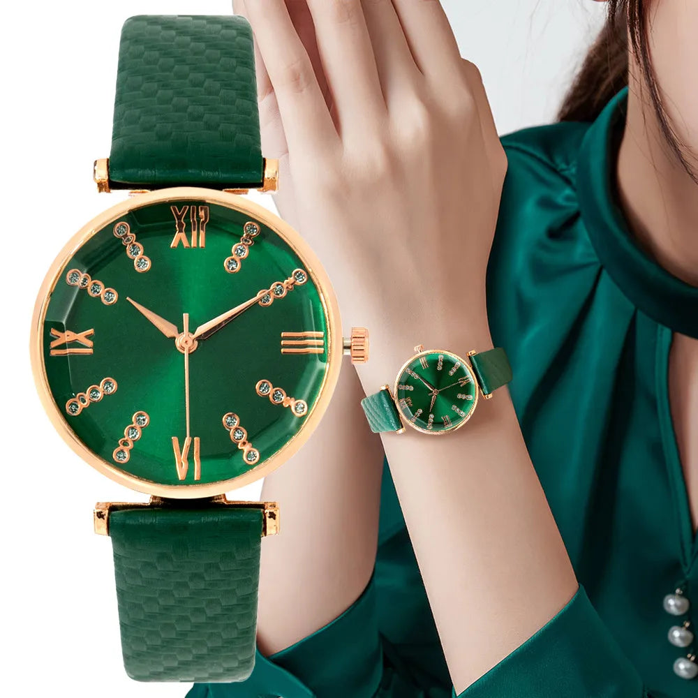 Luxury Diamond Roman Quartz Green Leather Strap Wristwatches