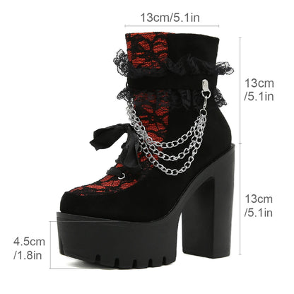 Gothic Lace Ankle Chunky Heel Side Zipper with Chain Platform Goth Boots