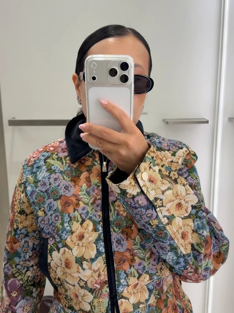 Floral Jacquard Furry Faux Fur Cuffs Patchwork Jacket
