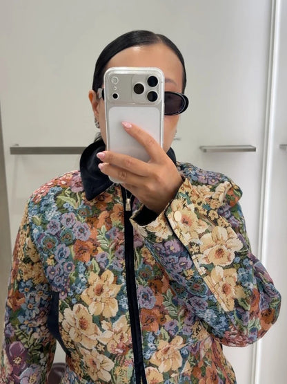 Floral Jacquard Furry Faux Fur Cuffs Patchwork Jacket