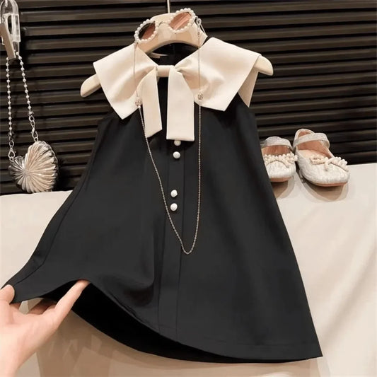 Korean Black Sleeveless Bow Girls Dress