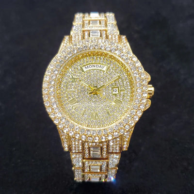 Luxury Diamond Bling Iced Hip Hop Golden Stainless Steel Quartz Watch